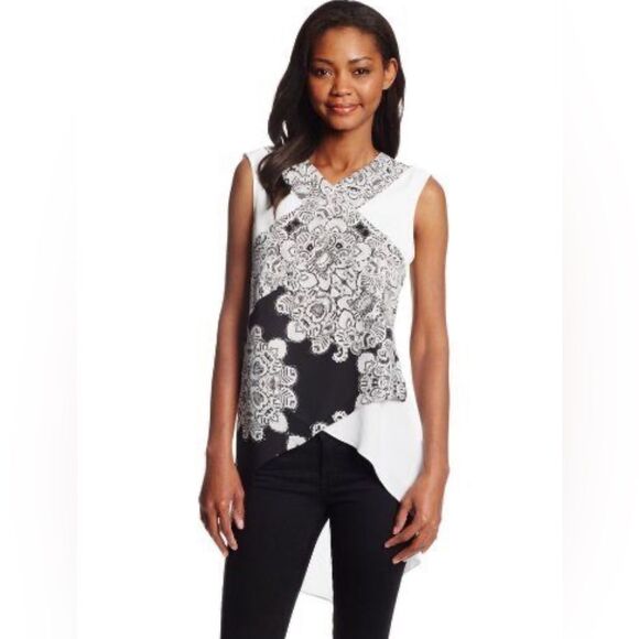 BCBGMaxazria black and white color block Veronika print tunic blouse top size XS - Picture 1 of 6